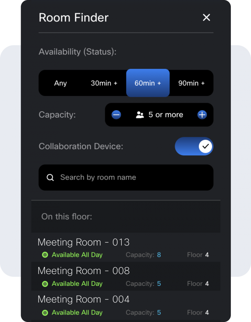 Availability displayed on the meeting room finder